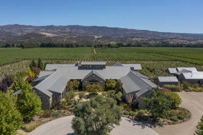 aerial view of vineyards and estate
